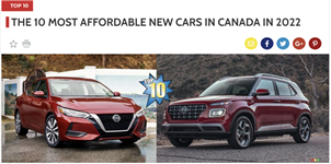 2022年加拿大10大最实惠新车！人人都能买得起！